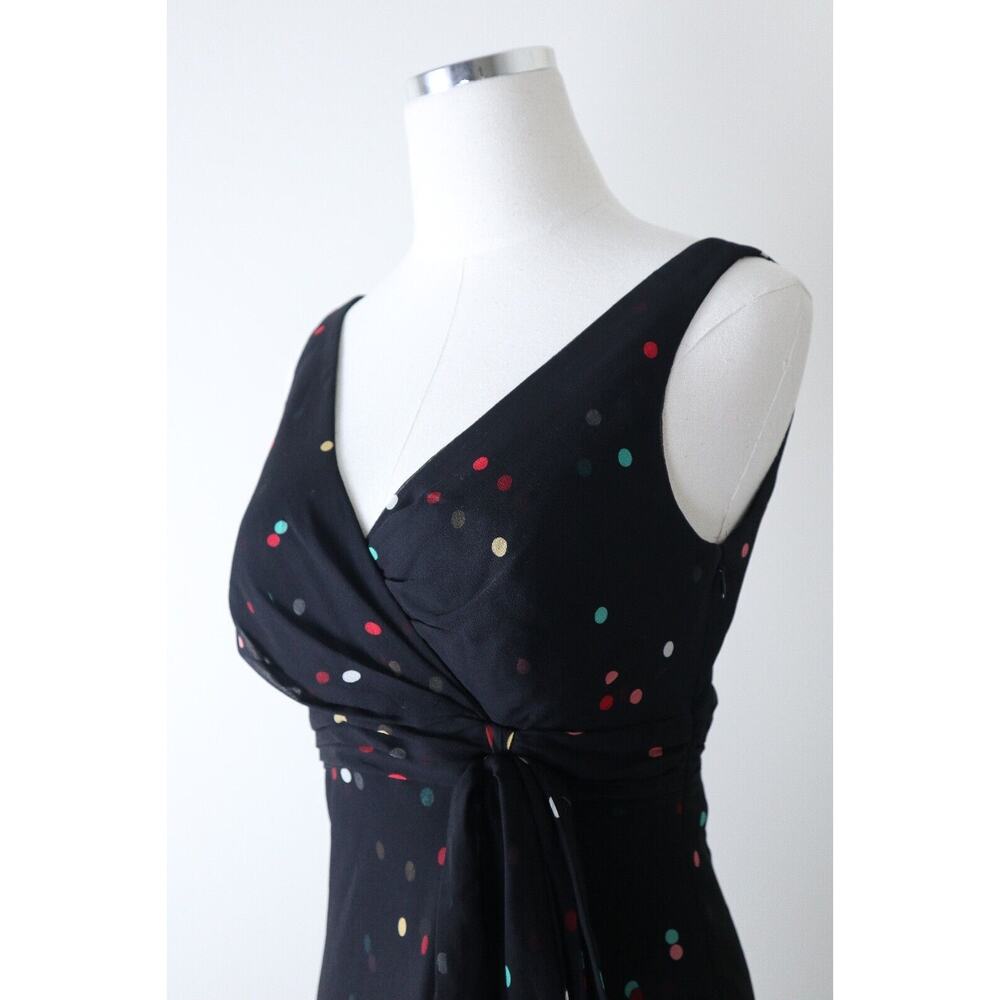 Vintage 1990s Anne Klein Size 4 Silk Dotted Faux Wrap Midi Dress Black Chiffon - Picture 5 of 12